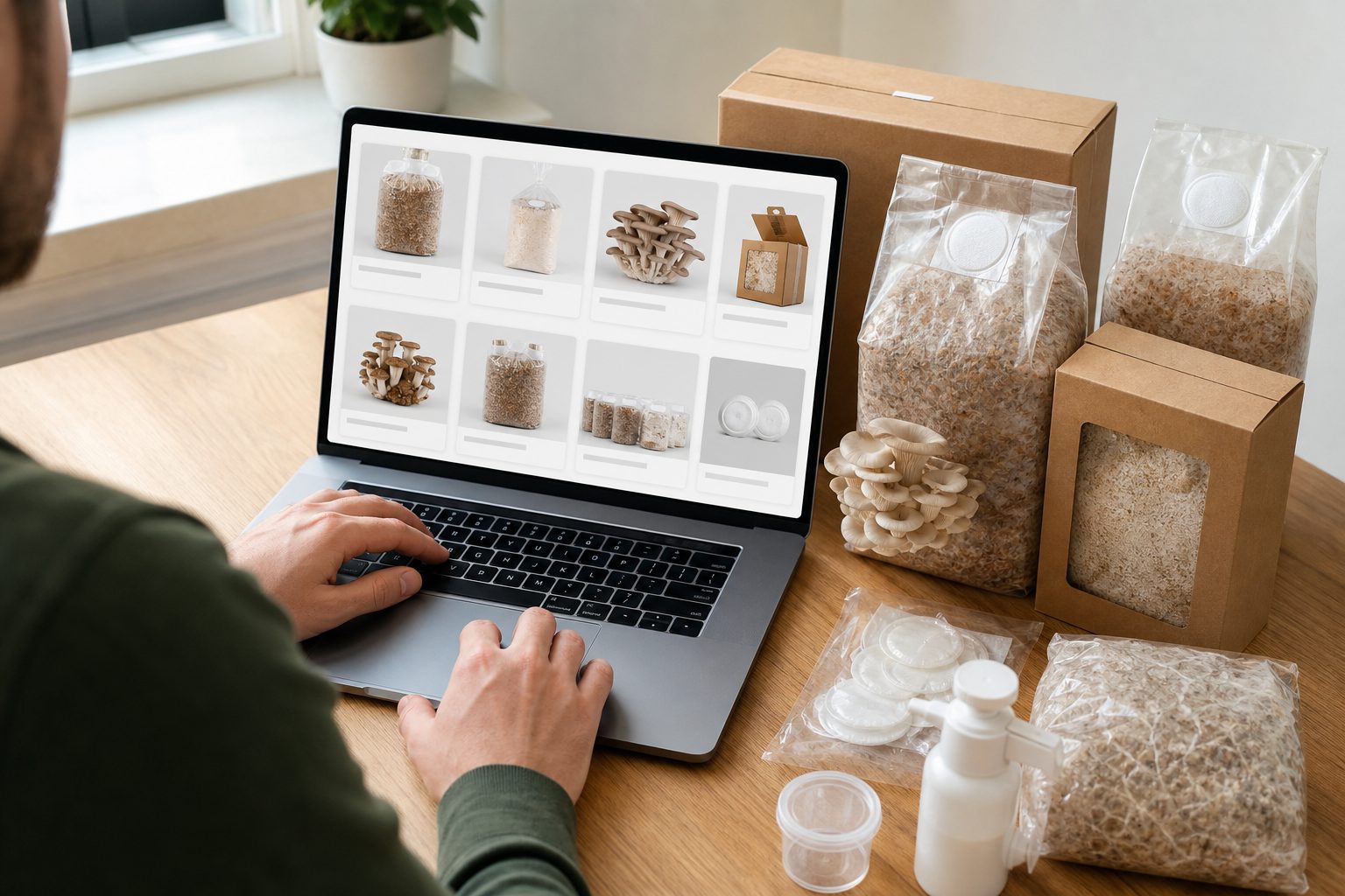 Compra segura de productos micológicos por Internet Persona consultando una tienda online de productos para el cultivo de setas