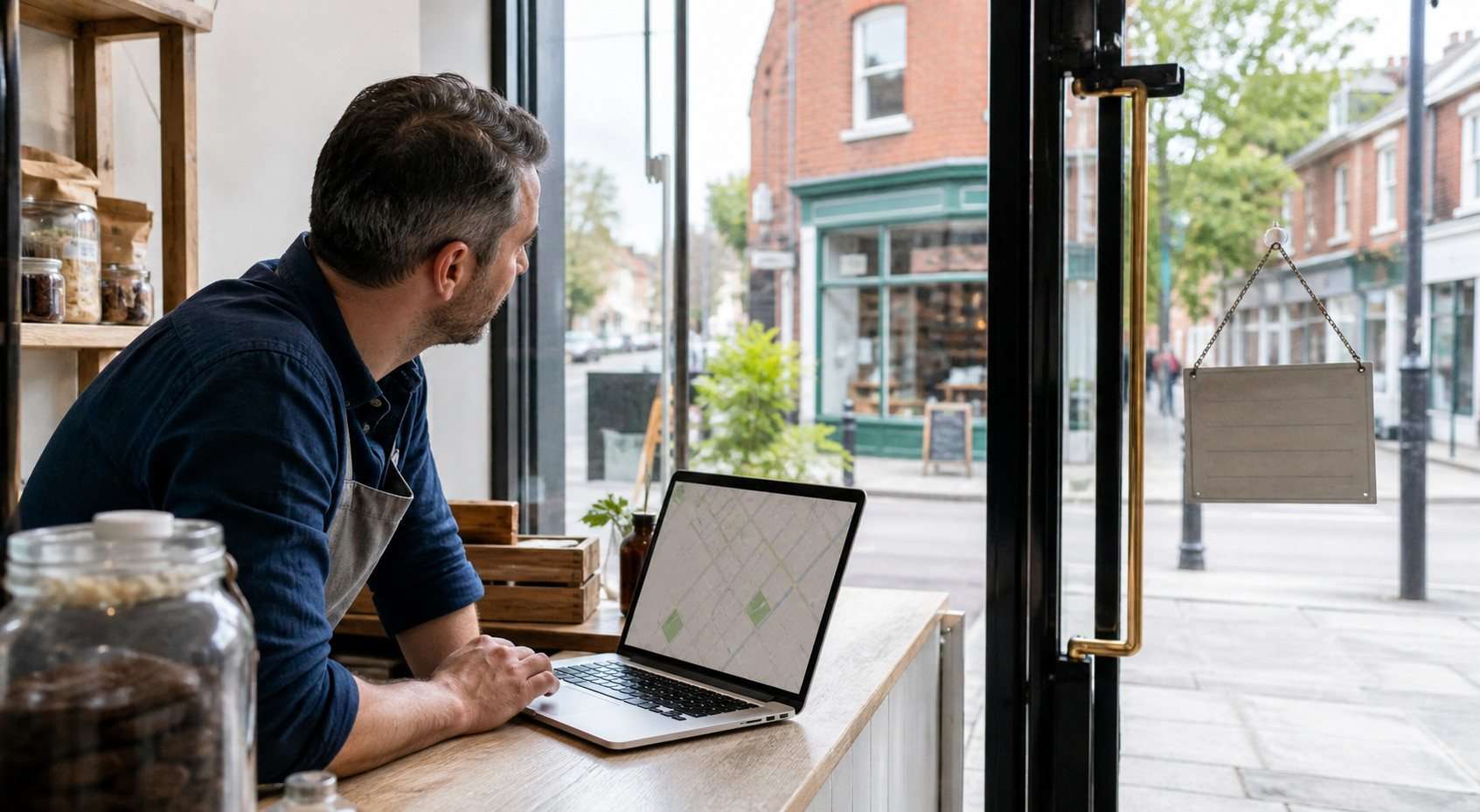 Estrategias de marketing local que una pyme puede activar este mes — Imagen 1 Pequeña empresa revisando su visibilidad local en mapas y en la calle
