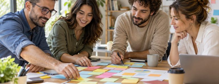 Equipo organiza ideas para un plan de comunicación
